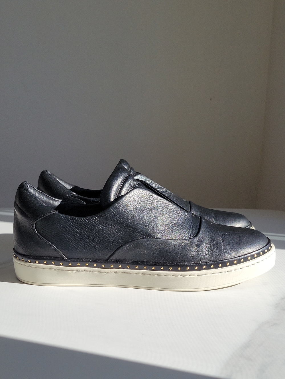 Mulberry Black Leather Slip-On Loafers with Gold Stud Trim